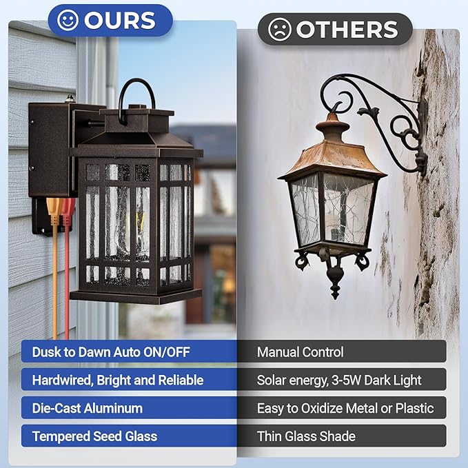 Dusk to Dawn Porch Lights with GFCI Outlet, Outside Lighting Fixtures for House, Oil Rubbed Bronze Exterior Garage Light Fixtures with Gold Trim, Anti-Rust Outdoor Sconce Light for Patio, Coach