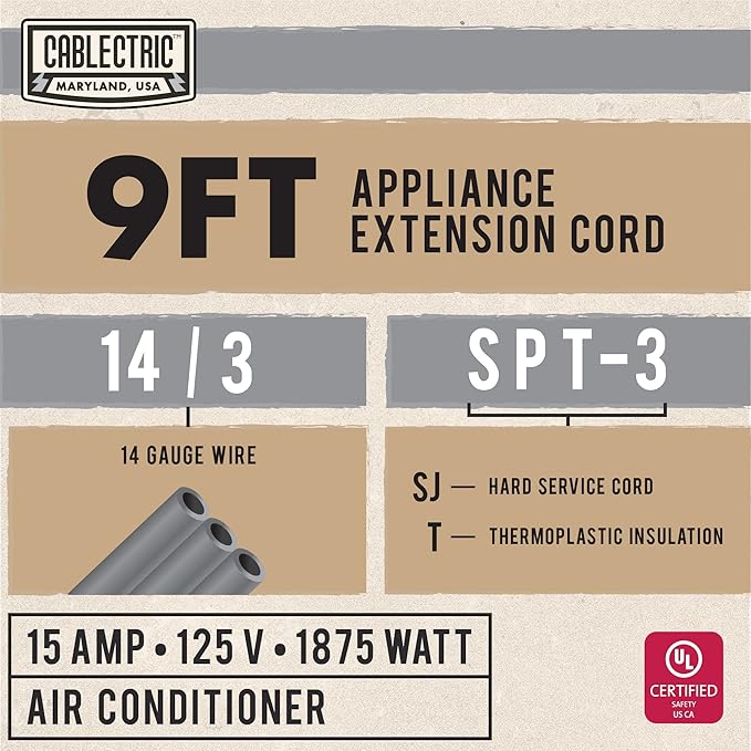 9 Foot Appliance Extension Cord, Gray - 14 Gauge 3 Prong SPT-3 Heavy Duty Cable for Major Appliances