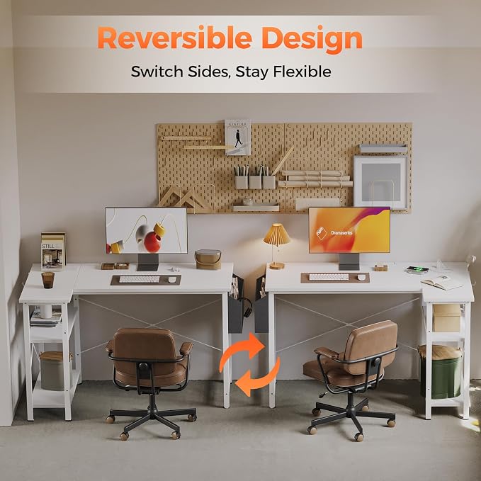 Mericonia 55 inch L Shaped Gaming Desk, Large Corner Desk with Shelves | Reversible Computer Desk with Power Outlets & Storage Bag, Office Table for Home Bedroom Study Work Writing
