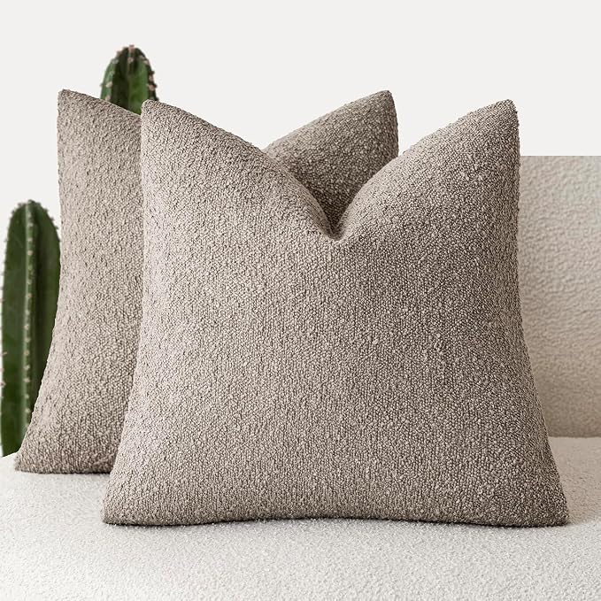 Foindtower Set of 2, Decorative Textured Boucle Throw Pillow Covers Accent Solid Pillow Cases Neutral Soft Cozy Couch Cushion Case for Chair Sofa Bedroom Living Room Home Decor 16x16 Inch Light Taupe