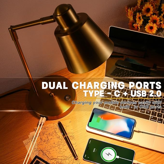 LED Desk Lamp with Dual USB Charging Ports, 100% Metal, 270° Swivel Arms, Soft White Light (3000K), Bedside Reading Lamp, Home Office Lamp(Golden)