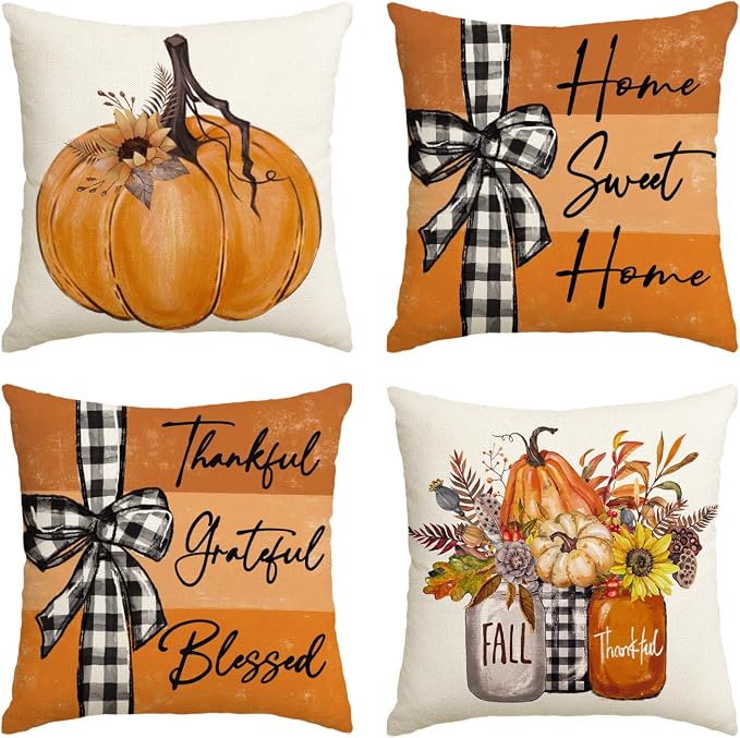 AVOIN colorlife Fall Pumpkin Home Sweet Home Throw Pillow Covers, 16 x 16 Inch Autumn Thankful Grateful Blessed Harvest Floral Orange Decorations for Sofa Couch Set of 4