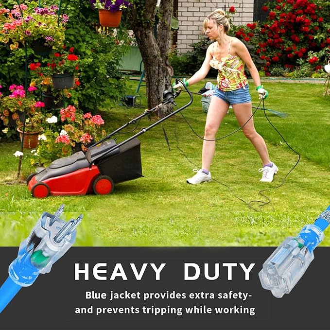 YOJOE Indoor Outdoor Extension Cord with Lighted End, 3 Prong 15A Weatherproof Power Cord, 12 Gauge Heavy Duty 15 ft Blue Extension Cord for Garage, Garden and Home, 12/3 SJTW UL Listed