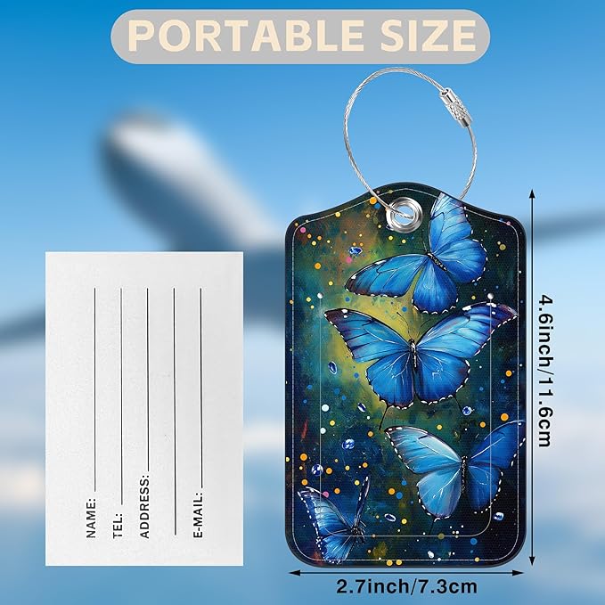 2 Pcs Watercolor Blue Butterfly Luggage Tags for Suitcases PU Leather Baggage Tags Name ID Label with Privacy Cover and Stainless Steel Loop for Men Women Travel Bag Suitcase