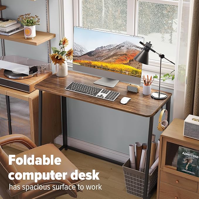 WOHOMO Folding Desk, 39.4" Foldable Computer Table for Small Spaces, Walnut | Easy Assembly and Fold, Sturdy Home office desks for Study Bedroom Dorm Space Saving Writing Work Apartment