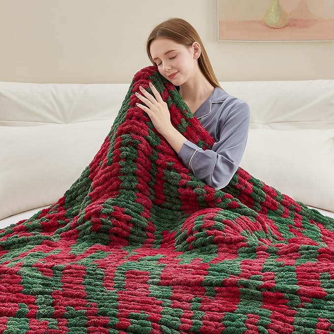 Negwoo Chunky Knit Throw Blanket, Knitted Throw Chenille Yarn, 50"*60" | Soft Thick Cable Knitted Blankets, Handmade Big Thick Blanket, Machine Washable Cute Comfy Blanket for Home Decor, X stripe