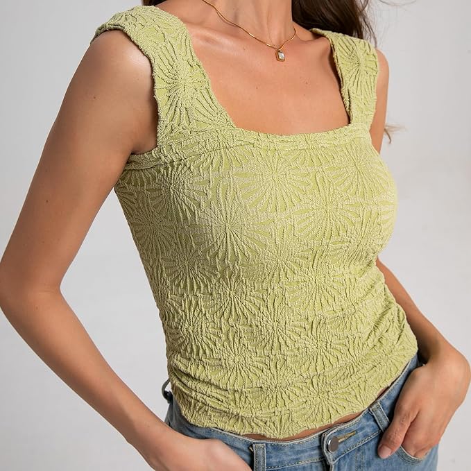 Women's Square Neck Wide Strap Crop Tank Tops Flower Going Out Tops Slim Fit Lettuce Trim Crop Cami Tops