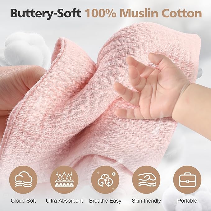 MUKIN Baby Washcloths,Muslin Burp Cloths Towels for Newborns,Absorbent Cotton Bath Face Towel ，5 Pack, 12x12 Inches (Rosy Embrace)