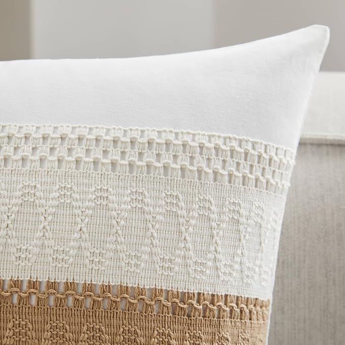 2pk Boho Pillow Covers 22x22, Natural White/Contrast/Brown | 100% Organic Cotton Body, Stripe Embroidery, Farmhouse Decorative Cushion Covers for Sofa Bed Living Room Home Decor