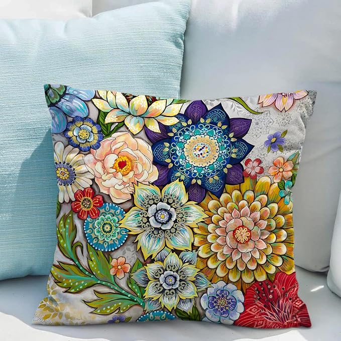 Snycler Boho Floral Throw Pillow Covers Set of 2 Colorful Boho Flower Decorative Cushions Pillowcase for Bedroom Sofa Home Decor, 24x24 Inch, Velvet, Short Plush
