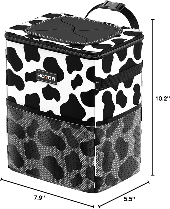 HOTOR Car Trash Can with Lid and Storage Pockets - 100% Leak-Proof Organizer, Waterproof Garbage Can, Multipurpose Trash Bin for Car, 2 Gallons, Cow