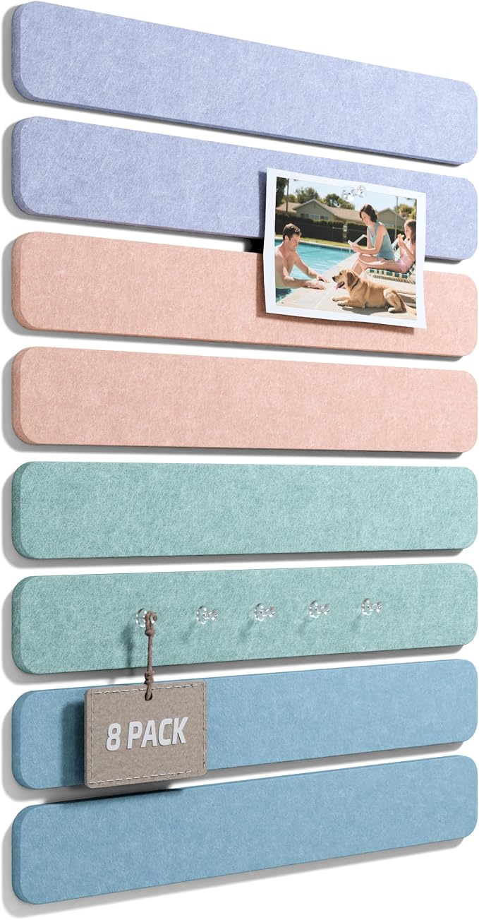 Fluxynara 13" x 2" Felt Wall Panels, Coastal Haze | 8-Pack Includes 50 Push Pins and Adhesive Tabs for Photos, Notes and Decor in Bedroom Doors, Home Office or Studios