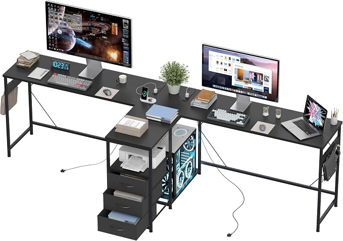 YOSHOOT 2 Person Computer Desk, 87" Long Gaming Desk for 2 People | Double Desk with 3 Fabric Drawers and 2 Power Outlets, Home Office Table for Adults and Teenagers, Black