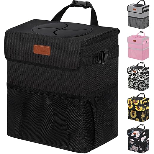 Vankor 4.2 Gallons Car Trash Can with Lid, Bag Bin Hanging Waterproof Automotive Car Garbage Cans Leak Proof Vehicle Trash Can for Truck SUV,Black