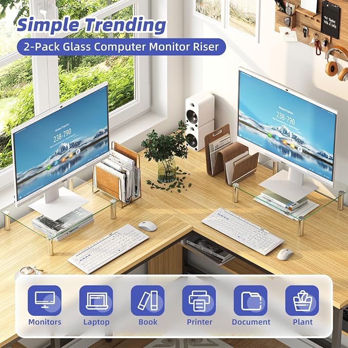 Simple Trending 2-Pack Tempered Glass Monitor Stand, Adjustable, Clear | 14.25"L x 9.5"W, height 3.5"-5", tilt 0-15°. Holds 88 lbs, impact/heat resistant. Stainless steel feet. Easy assembly.