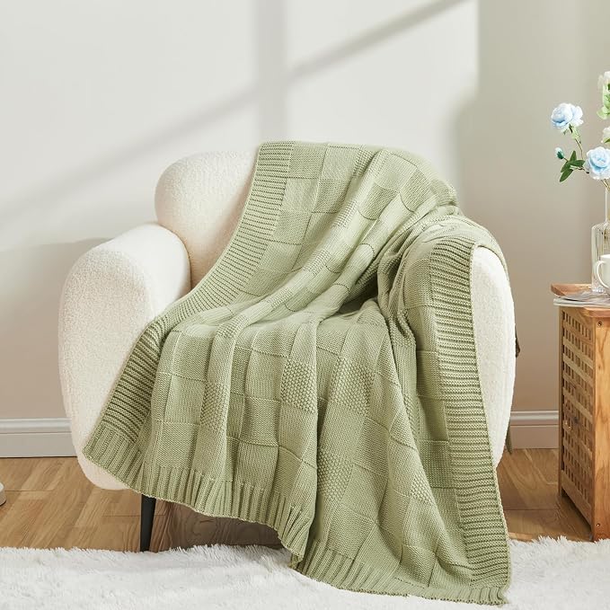 CozeCube Sage Green Knitted Checkered Throw Blanket 50"X60" | Check Knit Throw for Couch, Decorative Christmas Soft Cozy Warm Blanket for Bed Sofa Living Room