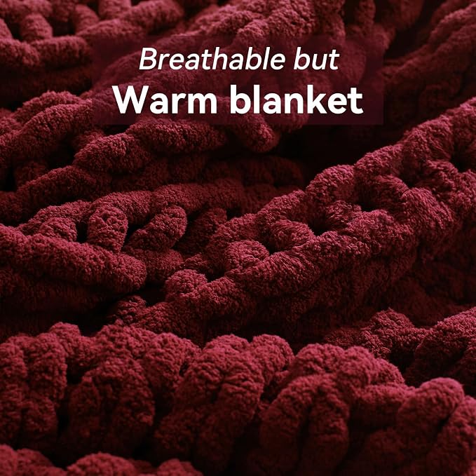 Negwoo Chunky Knit Throw Blanket, Knitted Throw Chenille Yarn, 50"*60" | Soft Thick Cable Knitted Blankets, Handmade Big Thick Blanket, Machine Washable Cute Comfy Blanket for Home Decor, Red