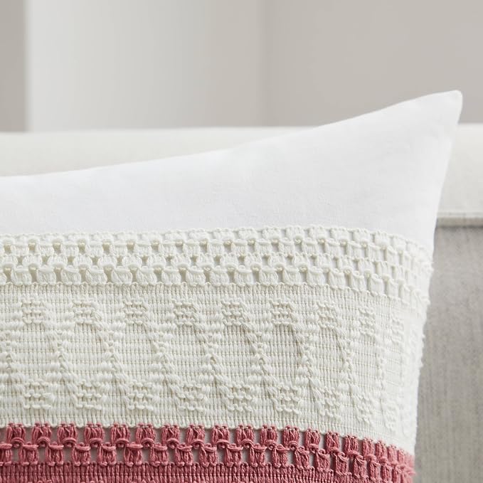 2pk Boho Pillow Covers 24x24, Natural White/Contrast/Dusty Pink | 100% Organic Cotton Body, Stripe Embroidery, Farmhouse Decorative Cushion Covers for Sofa Bed Living Room Home Decor