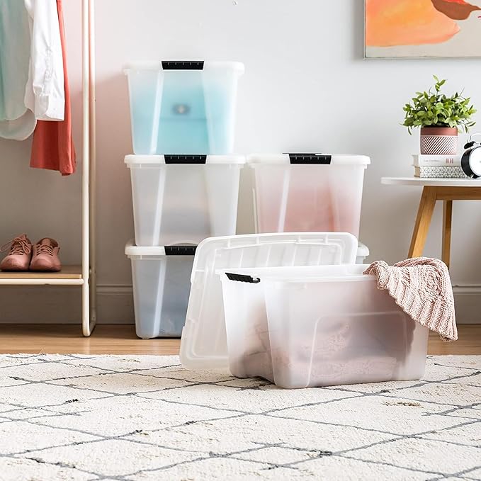 IRIS USA 40 Qt Stackable Plastic Storage Bins with Lids, 6 Pack - BPA-Free, Made in USA - Discreet Organizing Solution, Latches, Durable Nestable Containers, Secure Pull Handle - Pearl