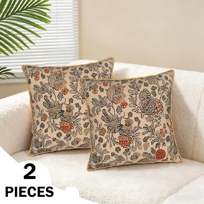 KSLIDS Art Boho Floral Soft Velvet Throw Pillow Covers Set of 2 Beige Rust Botanical Flowers Decorative Pillow Covers 18x18 Inch Farmhouse Vintage Pillow Case for Sofa Couch Living Room Home Decor