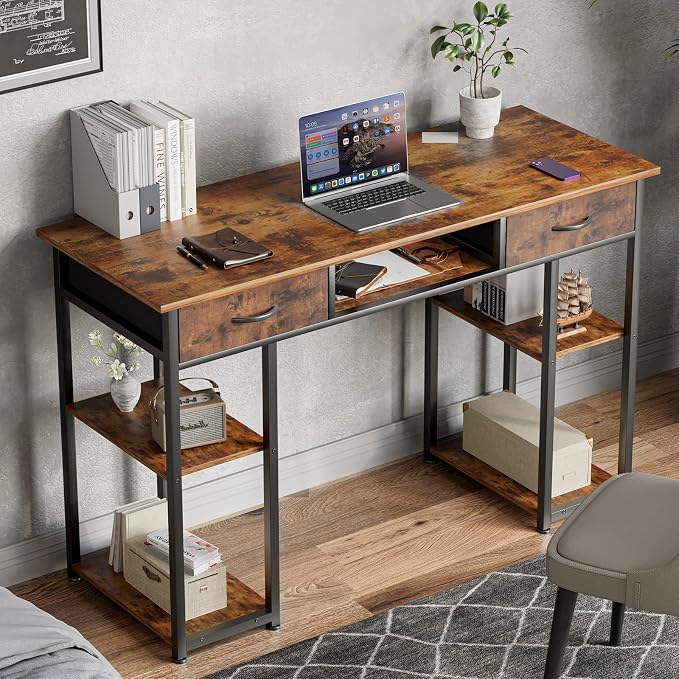 DUMOS 48-Inch Computer Desk with Drawers, Hook and Side Bag, Brown | Home Office Desk for Bedroom, Gaming Writing Study Desk with Adjustable Feet