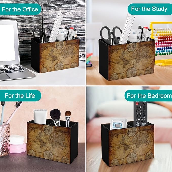 Pen Holder, Pencil Holder for Desk Organizer, Vintage Retro World Map PU Leather Pencil Cups Desktop Stationery Storage Makeup Brush Holder Pen Organizer for Office Home