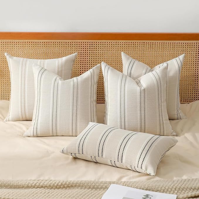 Hckot Stripe Throw Pillow Covers 26x26 Large Square Khaki Pillow Cover | Farmhouse Decorative Pillows Textured Linen Euro Sham Cushion Covers for Sofa Couch Bed Living Room Decor