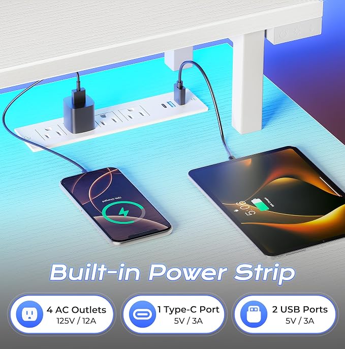 PRAISUN 55 inch Gaming Desk, LED & Power Outlets, Monitor Stand, White | Sturdy PC Desk for Home Office, Study & Work, LED Lights, 4 AC Outlets & USB-C Charging Station