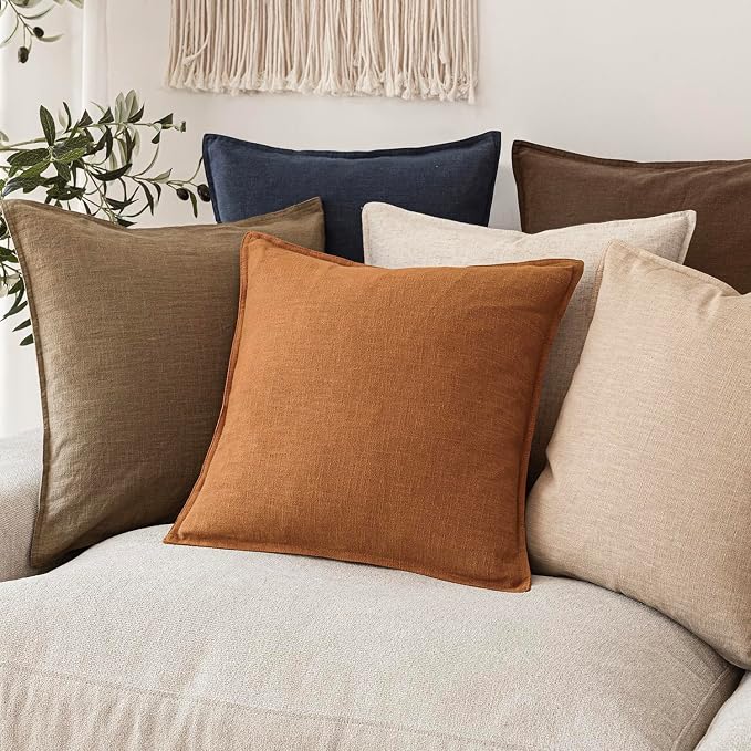 Foindtower Set of 2, Decorative Linen Solid Throw Pillow Covers Soft Accent Cushion Euro Case Boho Farmhouse Pillowcase for Chair Couch Sofa Bedroom Living Room Home Decor 18 x 18 Inch Autumn Orange