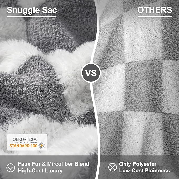 Snuggle Sac Faux Fur Checkered Blanket Twin Size with Soft Knitted Microfiber Fabric,Cozy Soft Warm Blanket for Sofa Bedroom Living Room,Grey Checker,60x80 inches