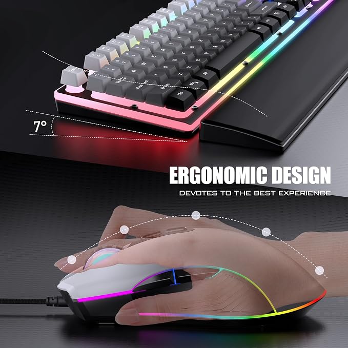 RedThunder K10 Wired Gaming Keyboard, Mouse Wrist Rest Combo, RGB Backlit, Mechanical Feel Anti-ghosting Keyboard + 7D 7200 DPI Mice+Soft Leather Wrist Rest 3 in 1 PC Gamer Accessories(Gradient Gray)