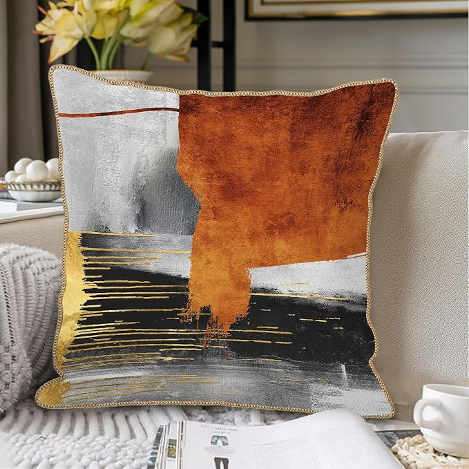 Burnt Orange Gold Grey Soft Velvet Throw Pillow Covers Set of 2 Taupe Gray Abstract Art Painting Decorative Pillow Covers 16x16 Inch Modern Retro Pillow Case For Sofa Couch Living Room Home Decor