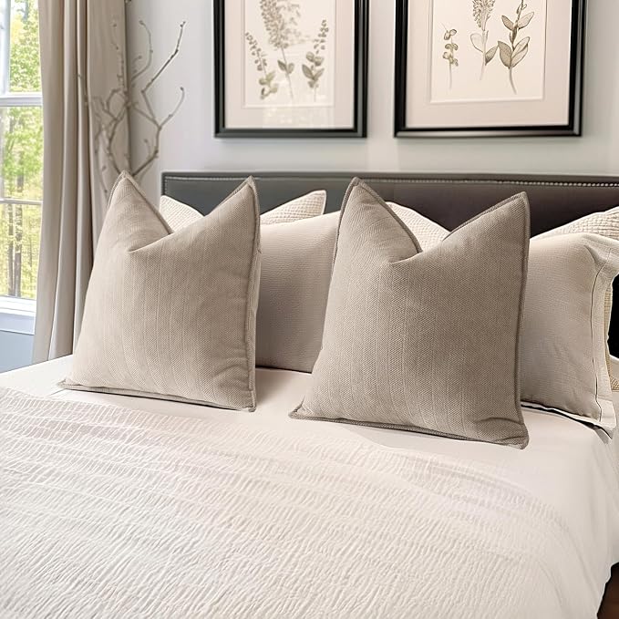 MIULEE Pack of 2 Beige Euro Shams Chenille Pillow Covers 26x26 Inch | Decorative Soft Couch Throw Pillows,Farmhouse Cushion Covers,Elegant Design for Sofa,Bed,Living Room,Summer Decor