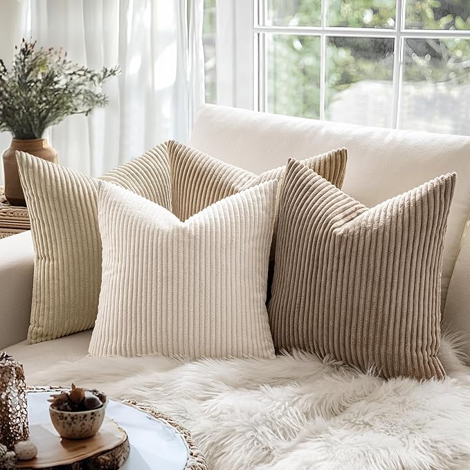 MIULEE Euro Corduroy Throw Pillow Covers Set of 2 24x24 Cream White | Soft Striped Textured Cushion Cases, Boho Square Pillowcases Neutral Home Decor, for Couch Chair Sofa Bed Living Room