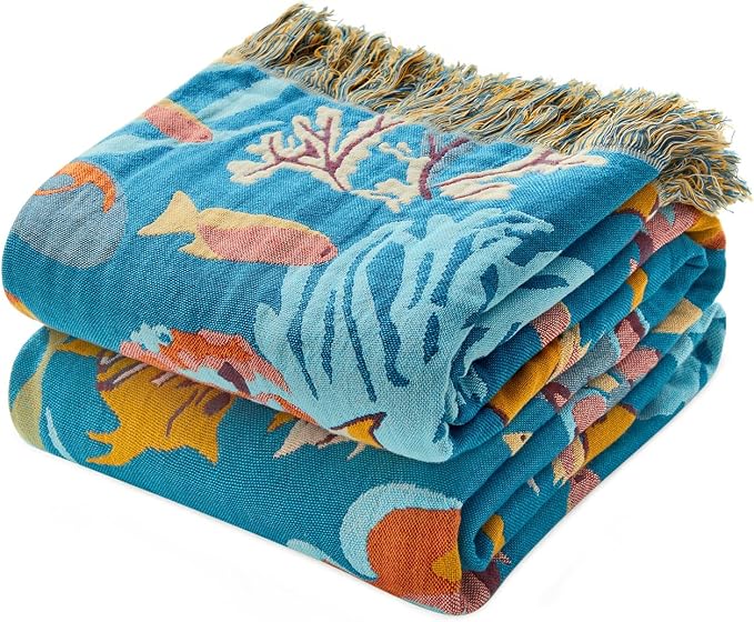 LUTBM Boho Throw Blanket for Couch 50"x60", Cotton Decorative Bed Throw | Underwater Ocean Life Jacquard, All-Season Muslin Blankets, For Chair Sofa Living Room Decor, Lightweight & Breathable Gauze