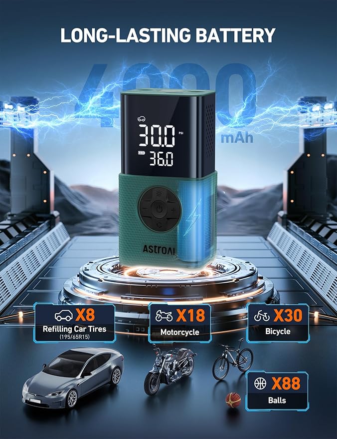 AstroAI L7S Tire Inflator Portable Air Compressor Cordless with Digital Pressure Gauge, 150 PSI LED Light Bike Air Pump with Fast Inflation & Auto Shut-Off for Car Tires,Motorcycles,Bikes,Balls,Green