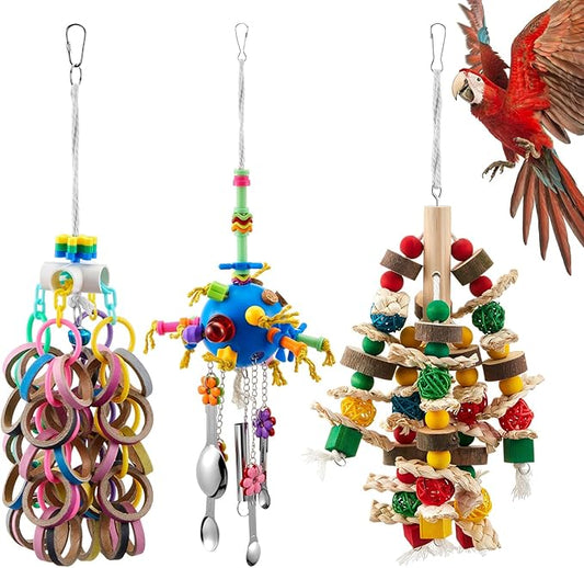3 Pcs Extra Large Bird Parrot Toy Multicolored Natural Wooden Parrot Cage Chewing Toys for Large Medium Macaws Cockatoos African Grey Birds (Ring and Ball)