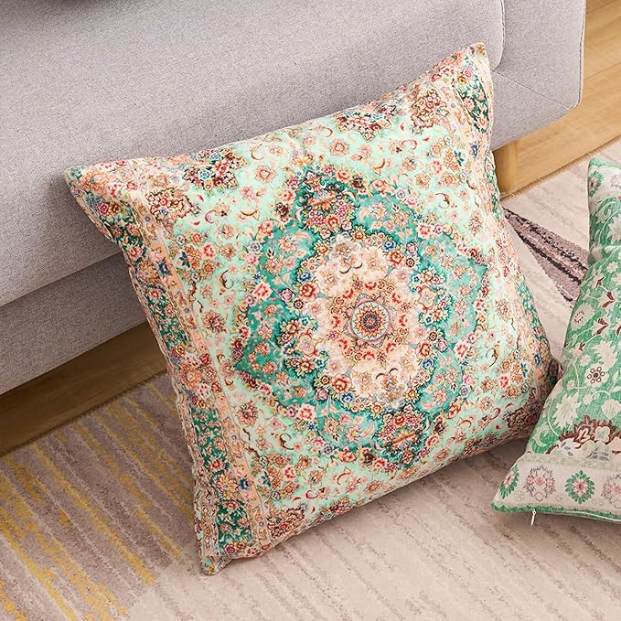 Boho Floral Throw Pillow Covers 20x20 inch Set of 2,Boho Rug Geometric Floral Pattern Decor Double Sided Pattern Cushion Cover Soft Pillow Case Living Sofa Room Bed Square Pillow Cover