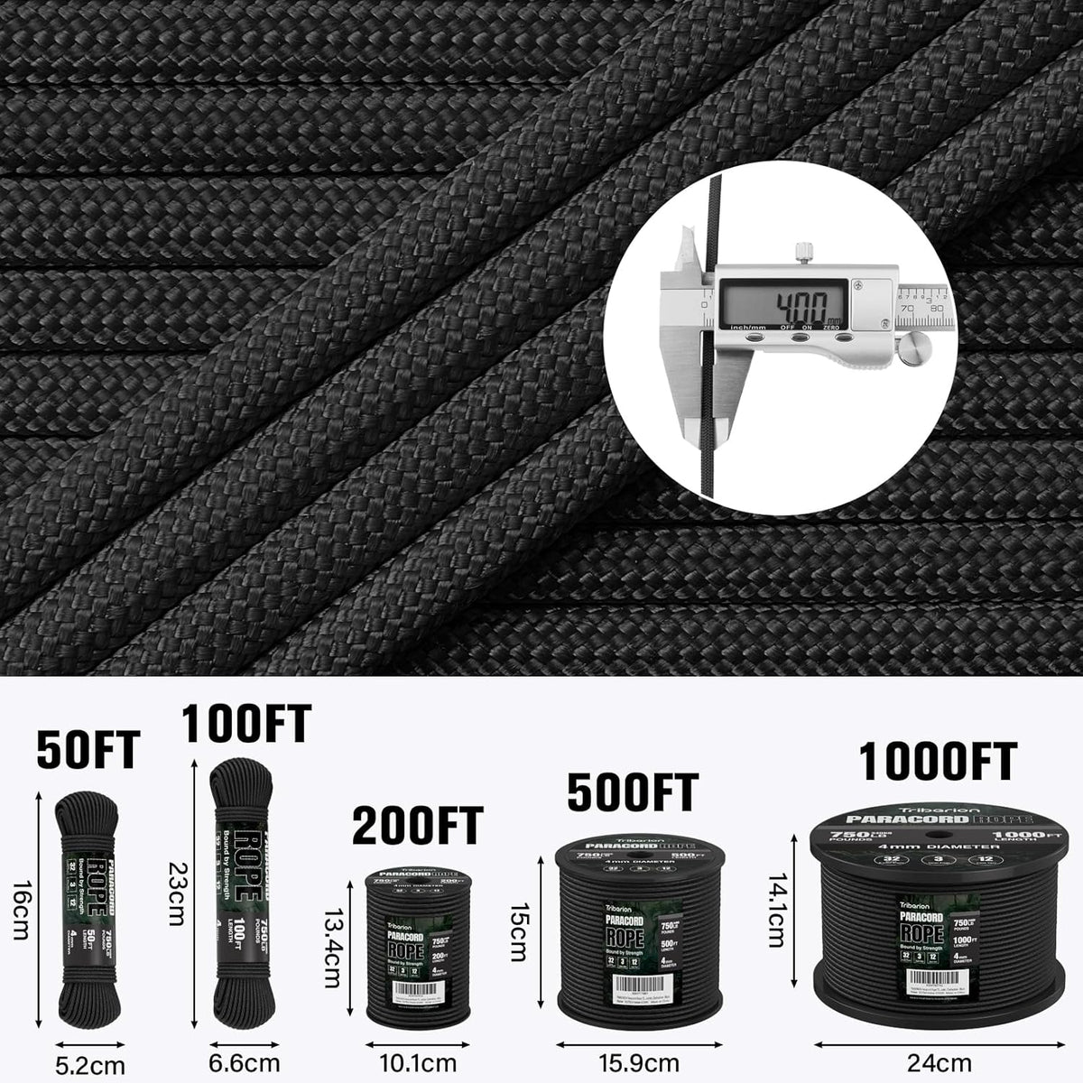 Paracord Rope 750 lb - 200ft Heavy Duty 12-Strand Parachute Cord | Black Survival & Camping Gear