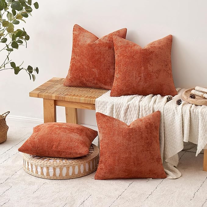 MIULEE Pack of 4 Couch Throw Pillow Covers 18x18 Inch Burnt Orange Soft Decorative Chenille Pillow Covers Farmhouse Accent Cushion Covers for Boho Fall Home Decor Sofa Bedroom Living Room