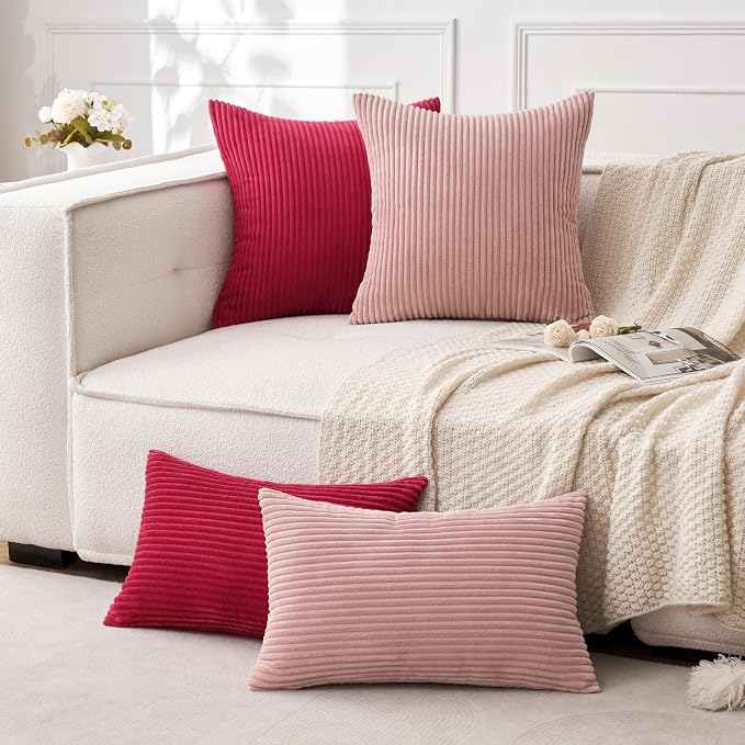 MIULEE Euro Corduroy Throw Pillow Covers Set of 2 24x24 Blush Pink | Soft Striped Textured Cushion Cases, Boho Square Lovely Cute Pillowcases, Home Decor for Couch Chair Sofa Bed Living Room
