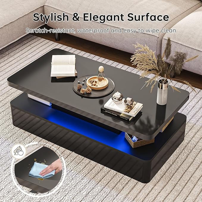 oneinmil Modern LED Coffee Table, 47" Living Room Tables with Double-Layer Design, 16 Colors LED Lights, Stylish Coffee Tables for Living Room, Home, Office, Black
