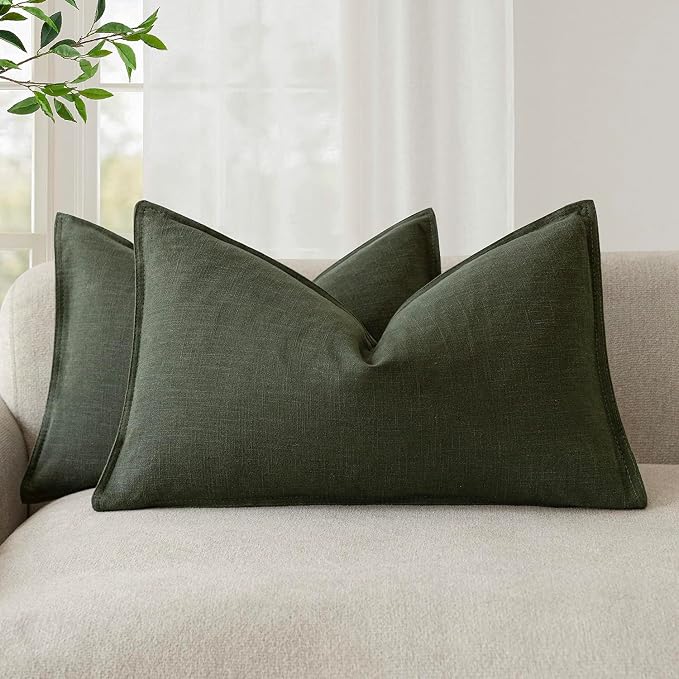 Foindtower Pack of 2, Decorative Linen Solid Throw Pillow Covers Accent Lumbar Cushion Case Boho Farmhouse Pillowcase for Chair Couch Sofa Bedroom Living Room Home Decor 12 x 20 Inch Dark Olive Green