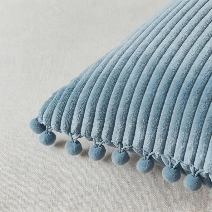 Fancy Homi Set of 2 Light Blue Lumbar Decorative Throw Pillow Covers 12x20 Inch with Pom-poms, Soft Corduroy Solid Rectangle Baby Blue Cushion Cases Set for Couch Sofa Bedroom Car Living Room 30x50 cm