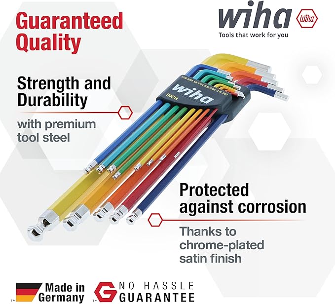 Wiha 66981 13-Piece Color Coded SAE Hex Key Allen Wrench Set, Ball End L-Key, .05"-3/8", Made in Germany