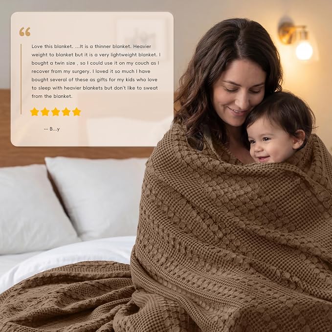 PHF 100% Cotton Waffle Blanket Twin Size, Lightweight Breathable Summer Blanket for Hot Sleepers, Pre-Washed Soft Layer for Bed, Dorm, Couch & Guest Room, Home Decor Gift, 66"x90", Chocolate