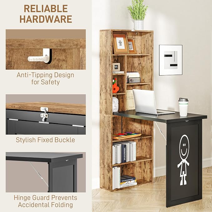 HOMCOM Foldable Desk Wall Mounted Convertible Table, Rustic Brown | Wall Mounted, Space-Saving, Chalkboard, Storage Shelves, for Small Spaces, Home Office, Bedroom, Dorm, Apartment