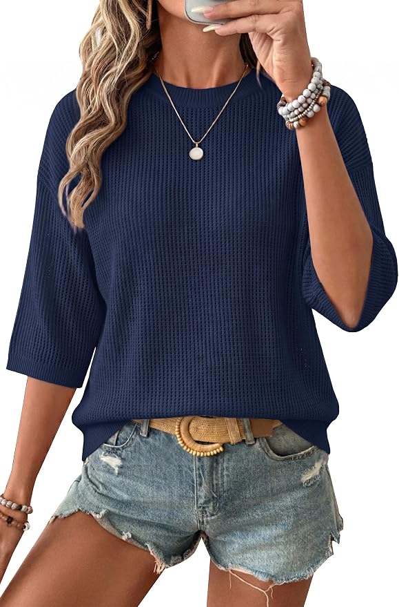 Arach&Cloz Womens Summer 100% Cotton Oversized Crochet Tops 3/4 Length Sleeve Sweater Hollow Out Casual Blouses 2026