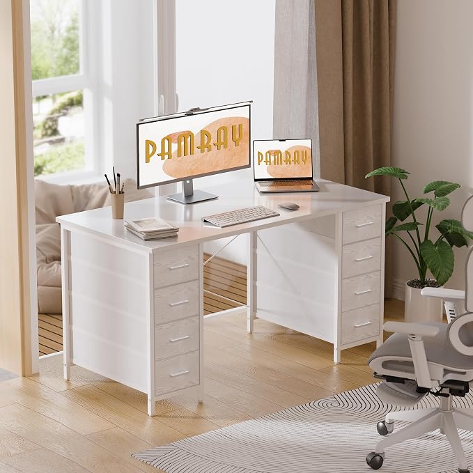 Pamray 47 Inch Computer Desk with 8 Fabric Drawers for Home Office Work | Ample Storage, Space-Saving, Suitable for Home Office Bedrooms Dorm Living Rooms for Study, Writing, Work