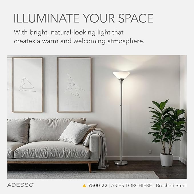 Adesso Brushed Steel Torchiere Floor Lamp with Frosted White Shade - 300W Double Socket Construction, Modern Accent Lighting for Bedroom, Living Room, or Home Office, 73” Tall